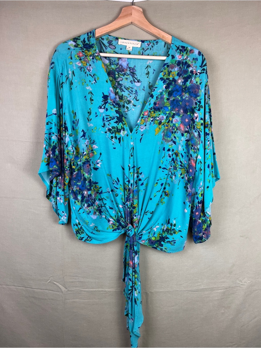 Flowy Teal Watercolor Floral Tie-Front V-Neck Blouse